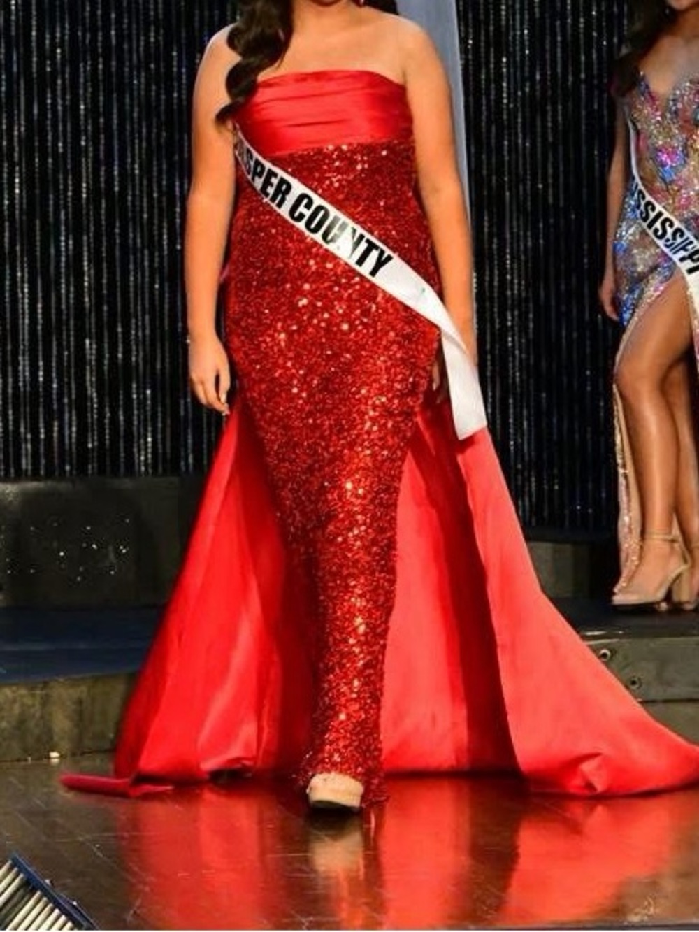 Red Strapless Sequin Mermaid Gown with Satin Train